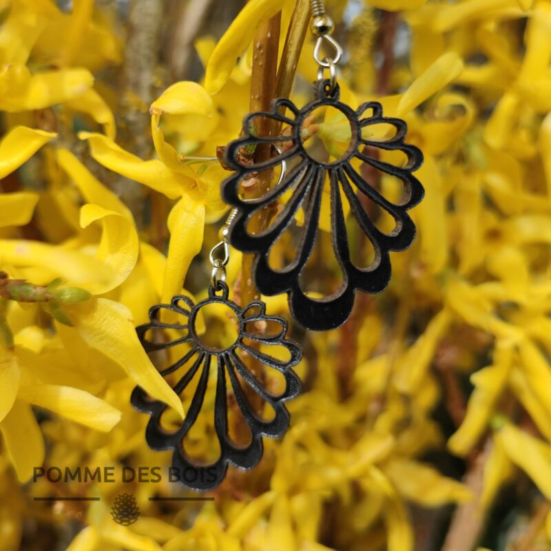 boucles d'oreilles rosace fleur jaune noir cuir