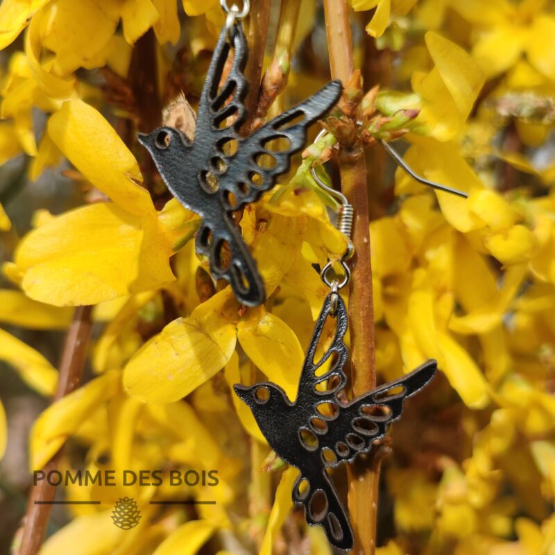 boucles d'oreilles oiseaux cuir noir fleur jaune
