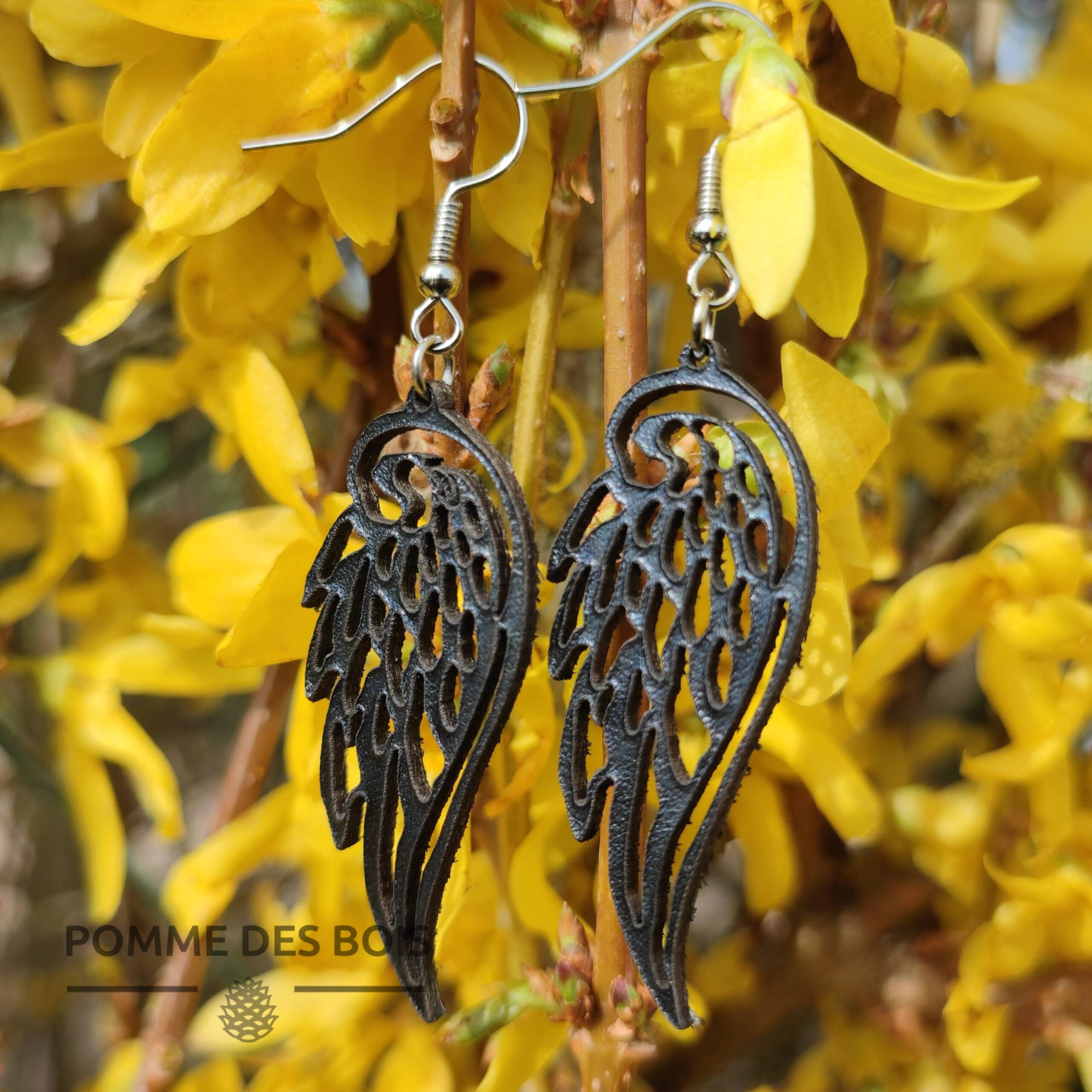 boucles d'oreilles ailes ange fleur jaune cuir noir