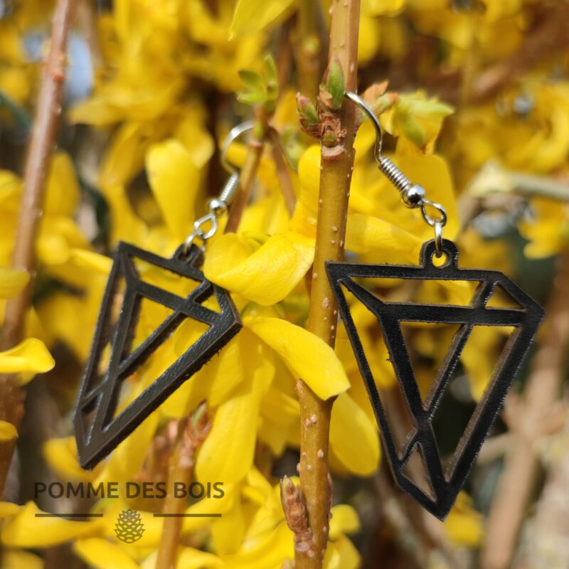 boucles d'oreilles triangle 3D cuir noir fleur jaune