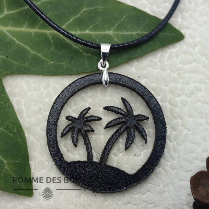 collier palmiers cuir noir