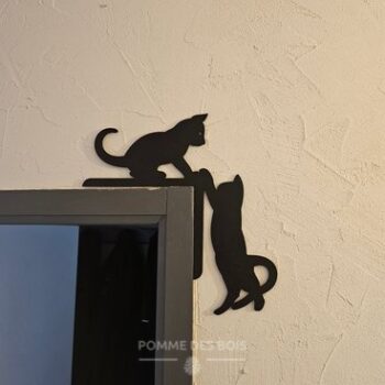 Deux chats qui sont sur un coin de porte.