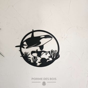 Deux orques avec des coraux dans un cadre.