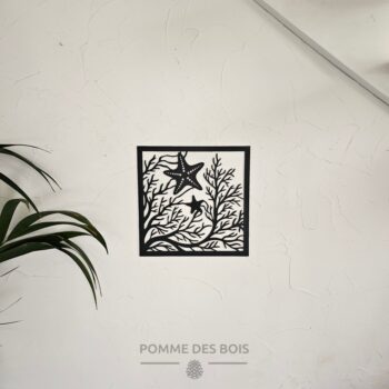 Une étoile de mer avec des algues dans un cadre.